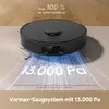 A black robot vacuum cleaner is shown on a floor, with a graphic overlay indicating its suction power and a text description of its features. Produktbild-Vorschau