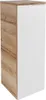 A tall, narrow cabinet with a wood-grain finish on the left side and a white finish on the right side, presented against a white background.