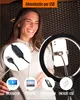 A woman is smiling while holding a ring light with a phone attached. The image shows different ways to power the ring light. Produktbild-Vorschau