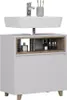 A white bathroom vanity with a sink and faucet on top, and storage compartments below. Náhled obrázku produktu
