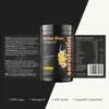 A product shot of a supplement container with informational text on either side, set against a black and white background. Produktbild-Vorschau