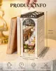 A 3D wooden puzzle book nook, 'Arcade Dating', is displayed next to a book. Product information and dimensions are overlaid on the image. Podgląd zdjęcia produktu