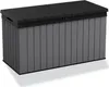 A storage chest with a slatted lid and paneled sides, presented on a light gray surface with a subtle shadow. Voir les images du produit