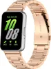 A close-up shot of a smartwatch with a rose gold metal band, displaying the time and fitness data on its screen. Produktbild-Vorschau