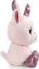 A side profile of a pink plush reindeer toy sitting down. Produktbild-Vorschau