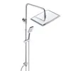 A chrome shower system with a large rectangular overhead shower head and a handheld shower head on a vertical pole. Produktbild-Vorschau