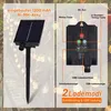 A diagram showing a solar panel and a control box for LED string lights, with labels indicating features and charging modes. Voir les images du produit
