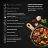A dark, textured background with text and icons on the left, and food in a pot on the right. Náhled obrázku produktu