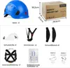 A collage of images showing a blue safety helmet and its various accessories, along with packaging and dimensions. Náhled obrázku produktu