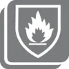 A graphic icon representing a flame within a shield, on a gray background. Produktbild-Vorschau