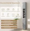 A tall, narrow gray cabinet is shown in a room, with icons and text describing its storage capabilities. Produktbild-Vorschau