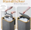 Two images showing a person interacting with a laundry basket, demonstrating its features. Podgląd zdjęcia produktu