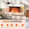 A modern white electric fireplace with a realistic flame effect, shown with a remote control and feature icons. Anteprima dell’immagine prodotto