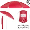 A collage of images showing a red umbrella, its carrying case, and a close-up of its branding. Produktbild-Vorschau
