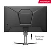 The back of a black computer monitor on a stand, with an arrow indicating easy assembly. Produktbild-Vorschau