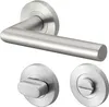 A set of stainless steel door handles and related hardware, including a lever handle and two circular escutcheons, displayed against a white background. Produktbild-Vorschau