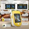 A product image showing a yellow and white finger pulse oximeter with various labels and diagrams explaining its features and interface. Produktbild-Vorschau