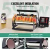 A sublimation mug press machine is shown with a decorated mug next to it. The machine has a digital display and heating elements are illustrated with orange arrows. Smaller inset images show details of the machine's components. Anteprima dell’immagine prodotto