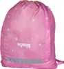 A pink drawstring backpack with white stars and a reflective strip at the bottom. Voir les images du produit