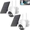 Two solar-powered security cameras with solar panels are shown against a white background. A smartphone screen in the upper right corner displays a live feed from one of the cameras, showing a car in a garage. Produktbild-Vorschau