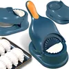 Multiple views of a blue and orange dumpling maker, with a tray of finished dumplings in the foreground. Podgląd zdjęcia produktu