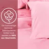 A close-up of pink bedding with a circular graphic and text overlay. Produktbild-Vorschau