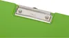 A close-up of a bright green clipboard with a silver metal clip. Produktbild-Vorschau
