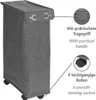 A grey laundry hamper with wheels and handles, with callouts highlighting its features. Náhled obrázku produktu