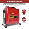 A red and gray pipe cleaning machine with text overlays and icons. Produktbild-Vorschau