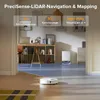 A robot vacuum cleaner is shown in a modern living room setting, with text overlays highlighting its features. Produktbild-Vorschau