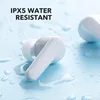 Close-up of white wireless earbuds on a light blue surface with water droplets. Produktbild-Vorschau