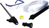A collection of sandblasting equipment, including safety goggles, a sandblasting gun, a hose, and connectors, laid out on a white background. Náhled obrázku produktu