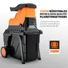 A garden shredder with promotional text and icons. Produktbild-Vorschau