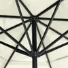 Close-up view of the internal structure of an umbrella, showing the metal ribs and central pole. Voir les images du produit