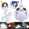 Collage of a foldable solar LED lamp in various settings, including charging, in use during camping, and as a decorative light. Anteprima dell’immagine prodotto