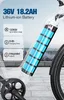 Close-up view of an electric bicycle battery and frame, with feature callouts. Produktbild-Vorschau