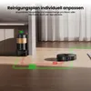 A robot vacuum cleaner and its charging station are shown on a wooden floor, with virtual cleaning paths overlaid. Produktbild-Vorschau