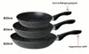 Three stacked frying pans of different sizes, with labels indicating their diameters and features. Podgląd zdjęcia produktu