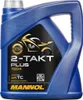 A blue plastic bottle of Mannol 2-Takt Plus 7204 semi-synthetic 2-stroke engine oil, with a prominent label featuring a motorcycle graphic and product details. Produktbild-Vorschau
