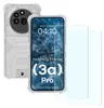 A white phone case and two screen protectors are displayed next to a smartphone. Produktbild-Vorschau