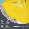 A close-up of a yellow umbrella with text overlays highlighting its features. Produktbild-Vorschau