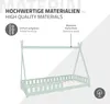 A light green teepee-style children's bed with a partial safety rail, presented with informational text overlays. Náhled obrázku produktu
