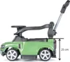 Side view of a green ride-on toy car, resembling a Land Rover Defender, with a parent push handle and a measurement indicator. Náhled obrázku produktu