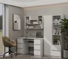 A modern white desk and shelving unit in a home or office setting. Voir les images du produit