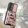 A hand holding a rose gold phone case with a ring holder and camera cover. Produktbild-Vorschau
