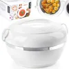A white thermos bowl with a silver band around its base, shown on a white background. In the background, there are images of the product's packaging and a clear lid showing food inside. Produktbild-Vorschau