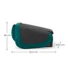 A side view of a teal and gray child car seat with dimensions indicated. Produktbild-Vorschau