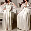 y Frauen Spitze Langarm Seidige Kimono Robe Nachtwäsche Produktbild-Vorschau 2