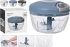 A collage of images showing a manual vegetable cutter, its packaging, and close-ups of its parts and usage. Produktbild-Vorschau