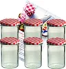 A set of six glass jars with red and white checkered lids, arranged in two rows of three, with a blurred background featuring a recipe booklet and flowers. Voir les images du produit